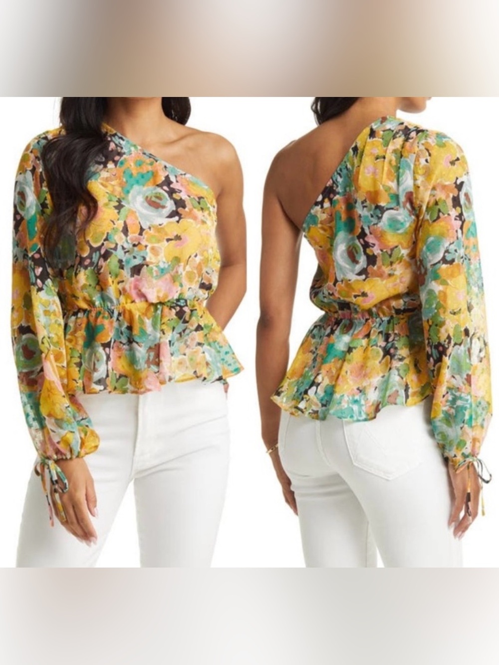 Vici Yellow Multi One-Shoulder Floral Peplum Tunic